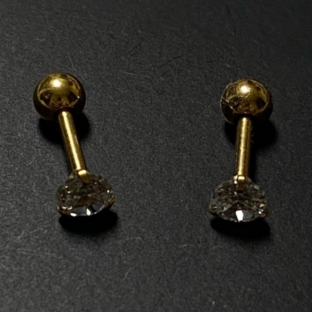 (Gold / 4mm) 2Pc Stainless Steel Cubic Zircon Unisex Shiny Earrings - SEALED